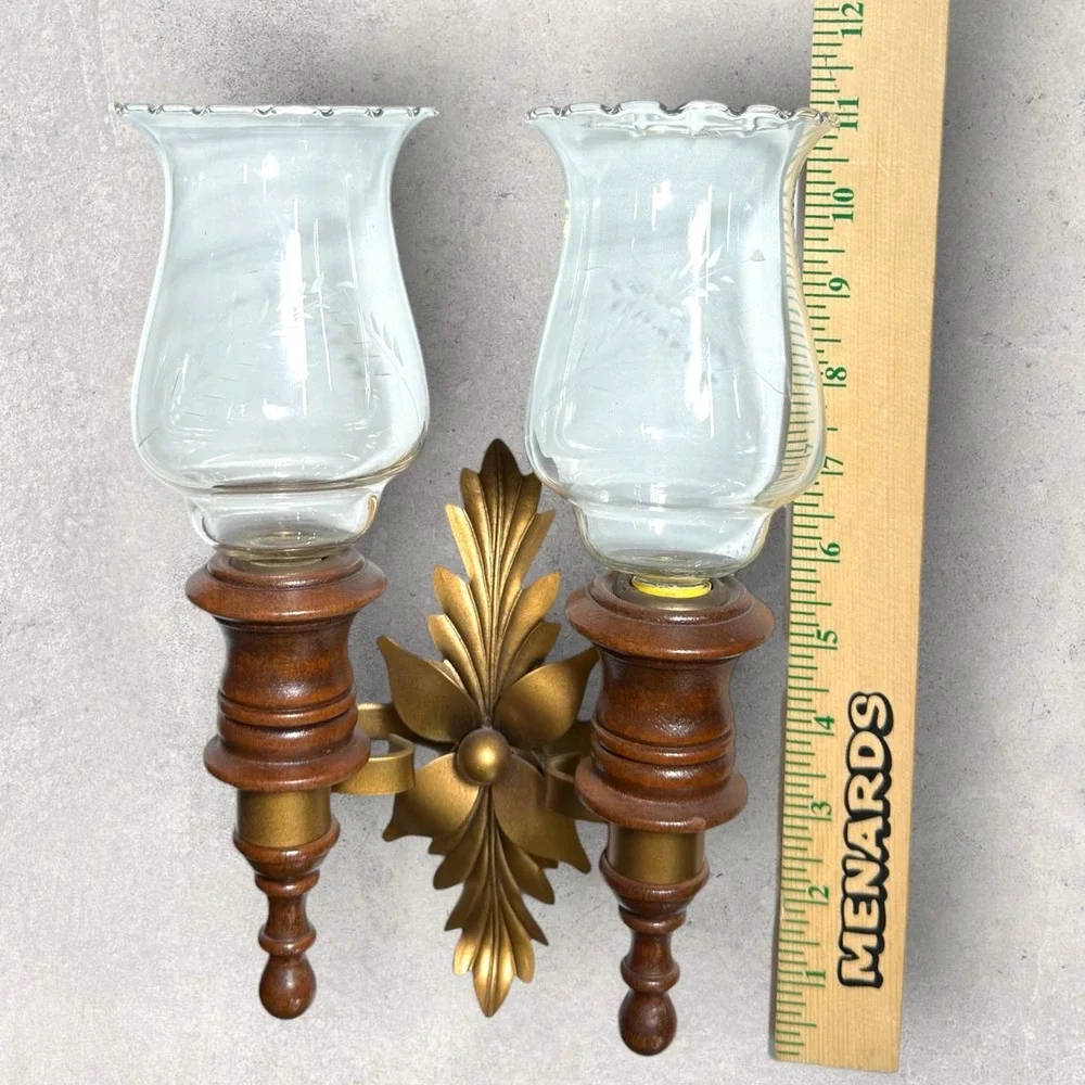 Vintage Double Wall Sconce Wood Gold Metal Floral‎ Etched Glass Hurricane Shades